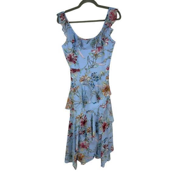 BCBGMAXAZRIA Asymmetric Midi Dress Tiered Ruffle Floral Party Garden Hoco Blue 2 - Picture 2 of 10